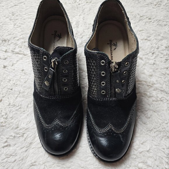Dromedaris Black Leather Oxford Heels Euro Size 38 (US 7.5) Portugal Zipper - Picture 2 of 6